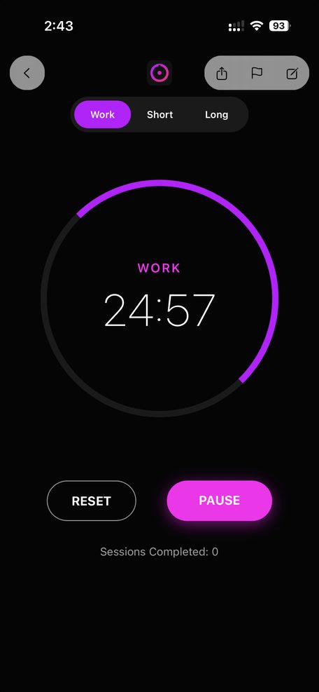 A generated Pomodoro timer running in SnapApp, showing 24:57 on a magenta progress ring.